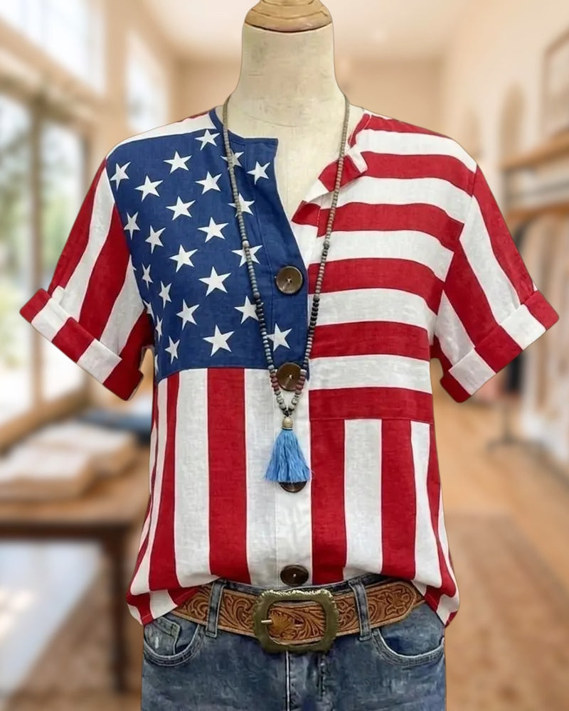 Flag Print Button Front Rolled Cuff V Neck Casual Shirt
