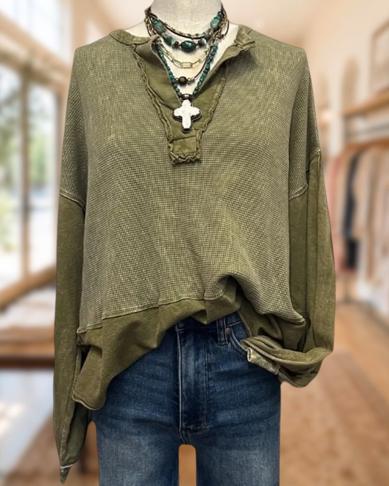 V Neck Patchwork Waffle Knit Slouchy Long Sleeve Sweatshirt