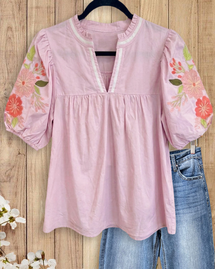 Floral Embroidered Puff Sleeve V Neck Gathered Casual Blouse