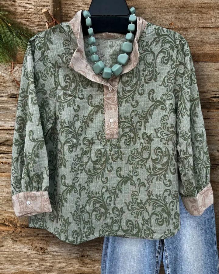 Contrast Trim 3/4 Sleeve Vintage Damask Print Blouse