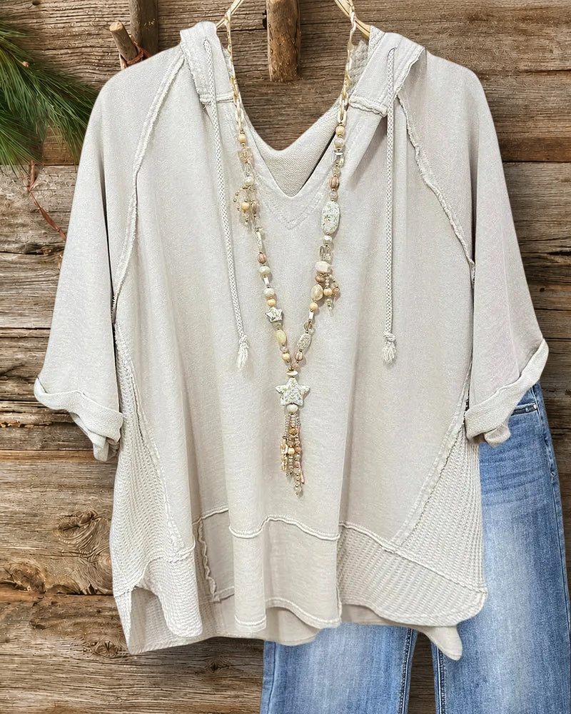 Waffle Patchwork Solid Color Cozy Hooded Seamed Shirt