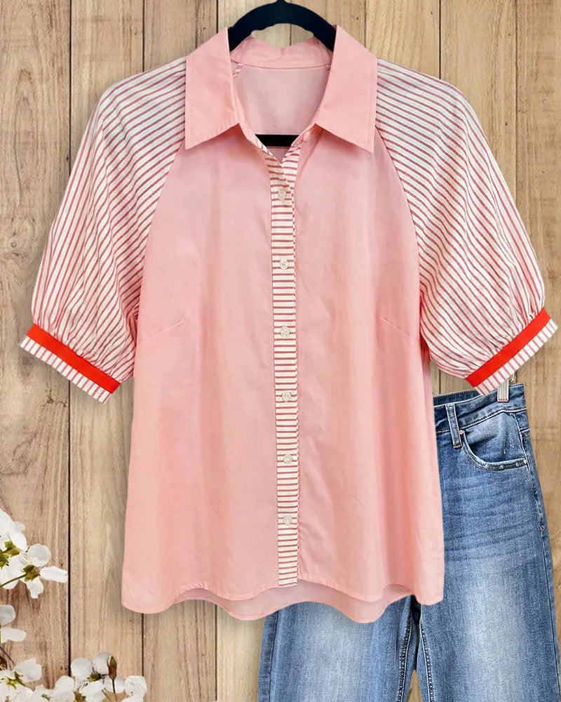 Contrast Striped Puff Sleeve Button Front Casual Collared Shirt