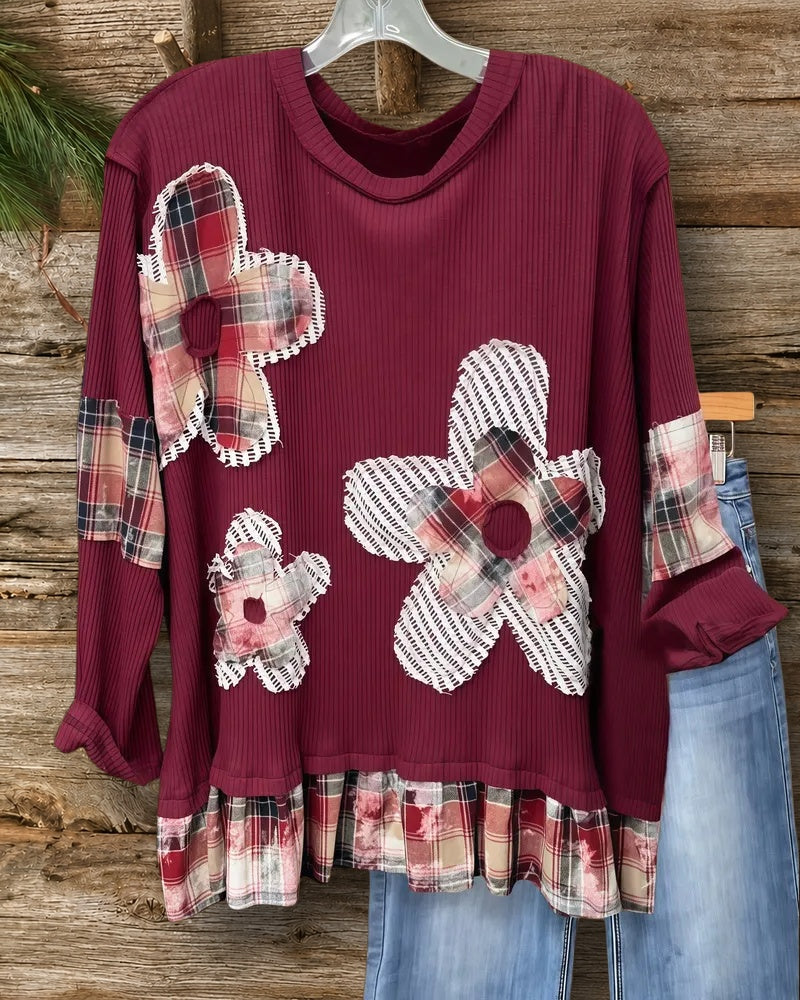 Flower Applique Mixed Patchwork Casual Ribbed Blouse