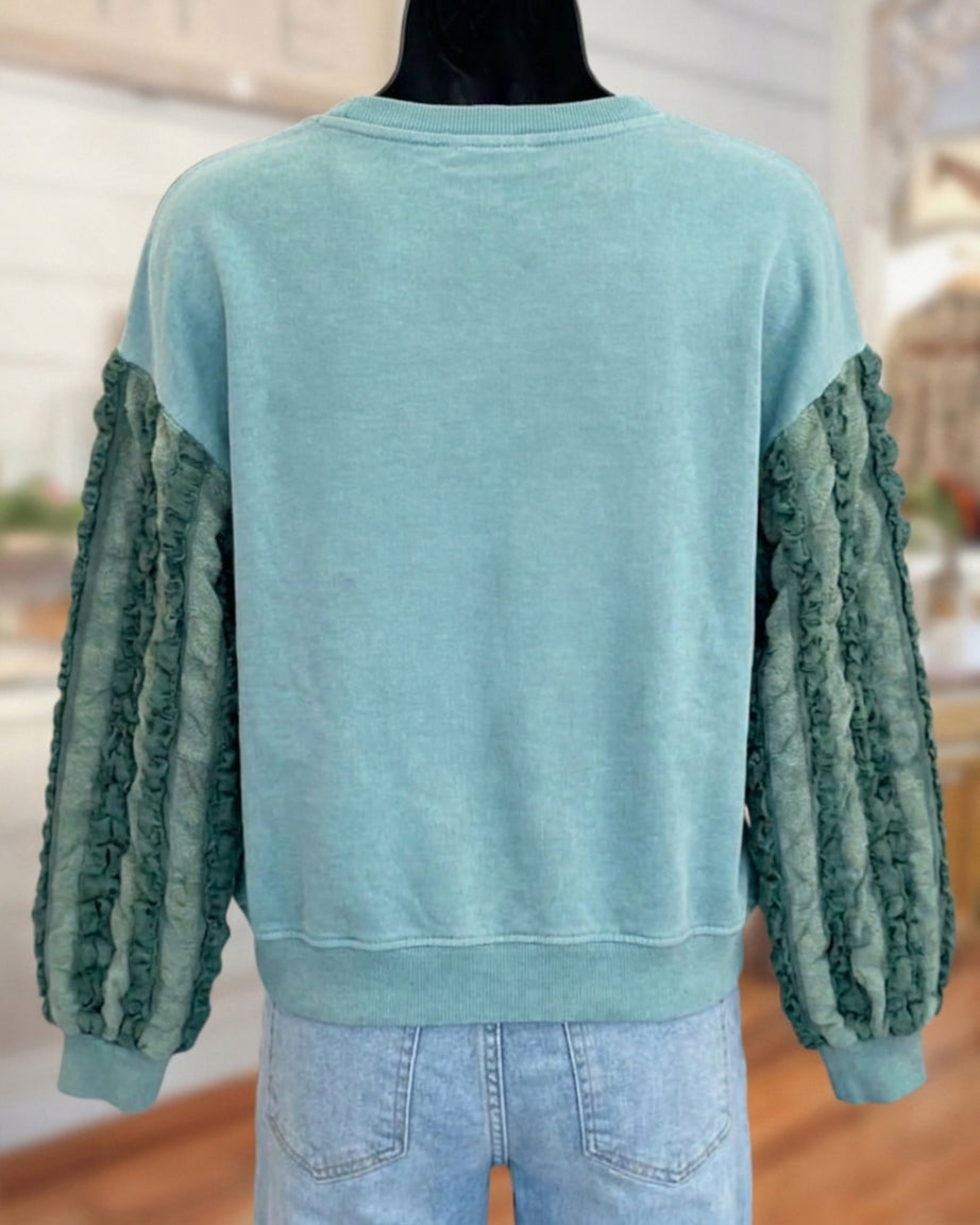 Ruffle Sleeve Bow Applique Crew Neck Loose Casual Sweatshirt