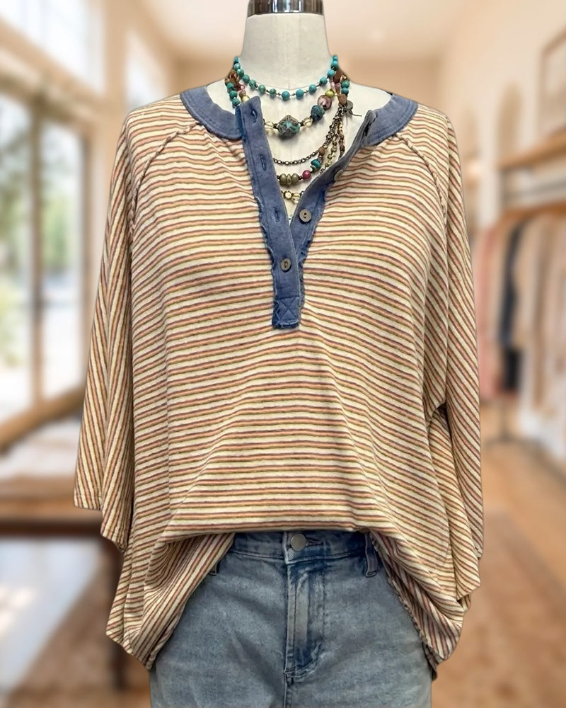 Striped Henley Placket Contrast Trim Raglan Sleeve Loose Casual Top