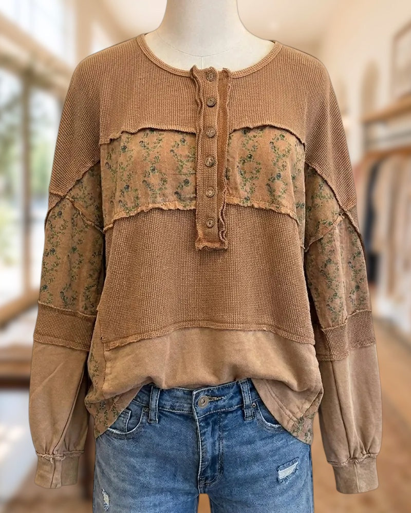Floral Patchwork Henley Waffle Knit Long Sleeve Casual Sweatshirt