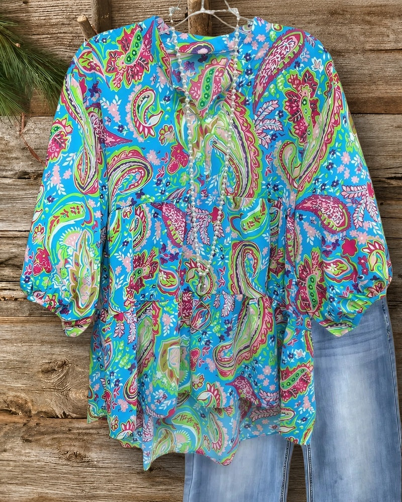 Paisley Print V Neck Boho Tiered Blouse
