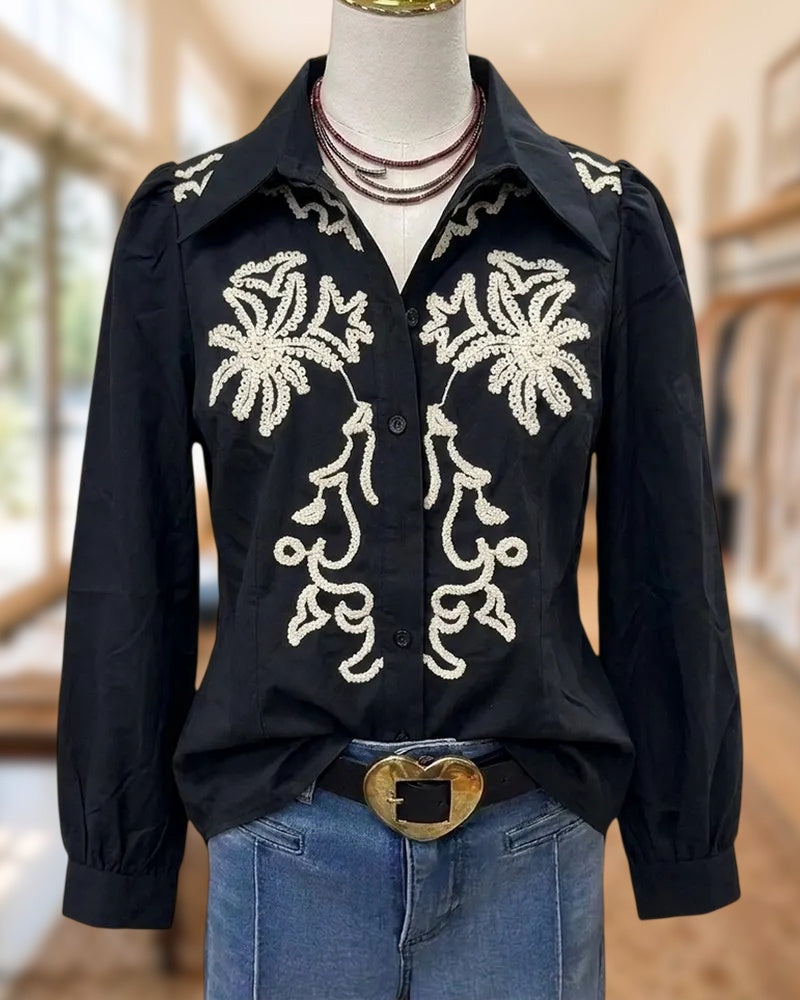 Contrast Embroidery Collared Long Sleeve Button Down Blouse