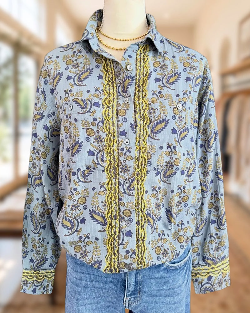 Floral Print Embroidered Trim Collared Long Sleeve Casual Shirt