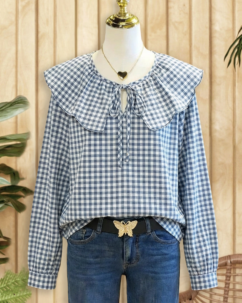 Gingham Playful Doll Collar Tie Front Blouse