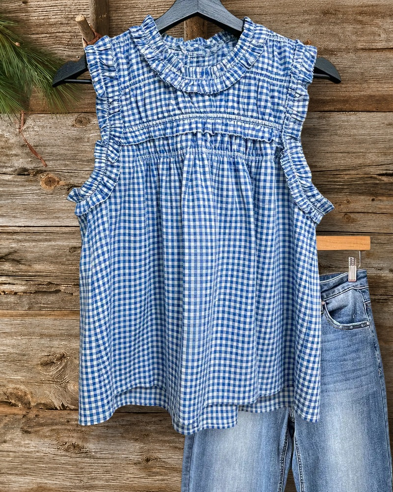 Ruffled Trim Shirred Sleeveless O Neck Gingham Blouse
