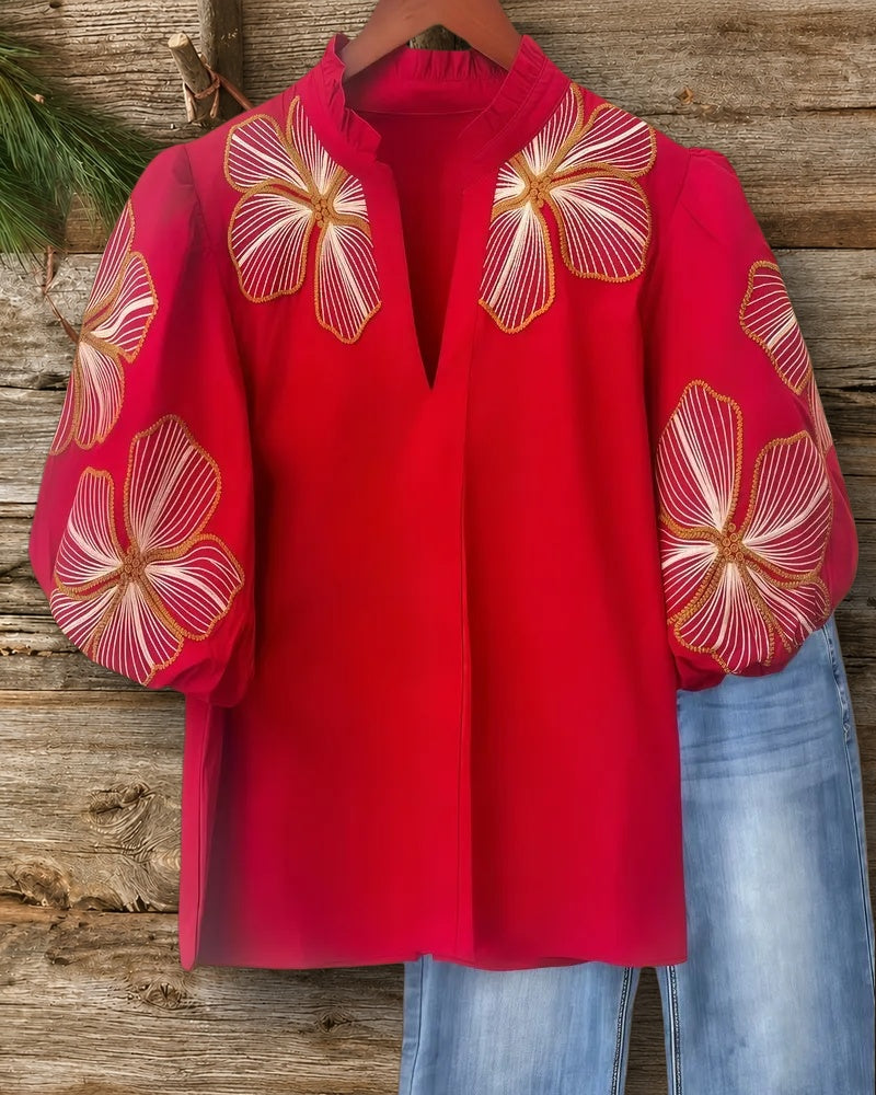 Floral Embroidery Elegant V Neck Puff Sleeve Blouse