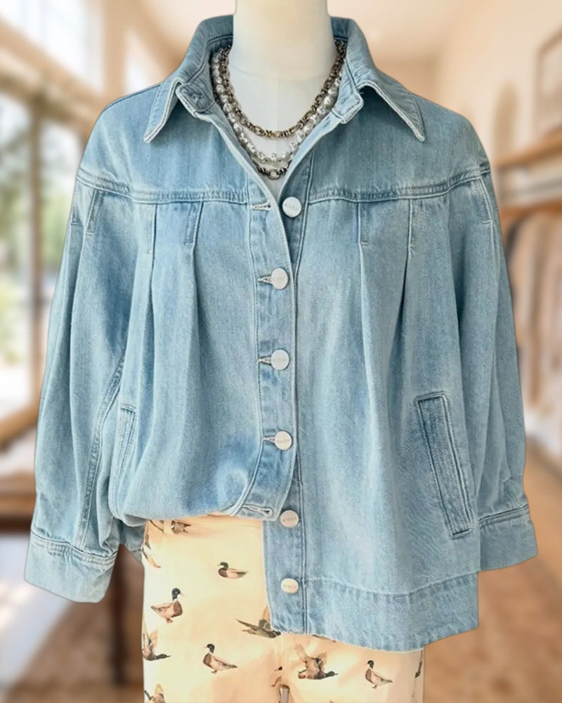 Collared 3/4 Sleeve Button Front Solid Color Denim Jacket
