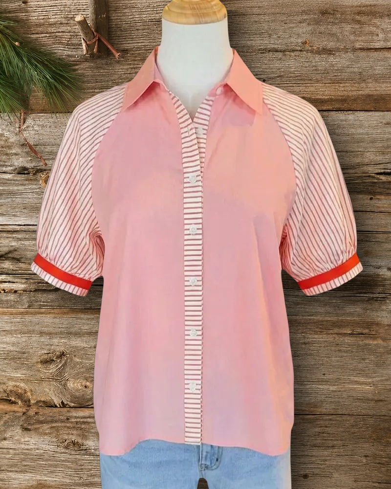 Contrast Striped Puff Sleeve Button Front Casual Collared Shirt