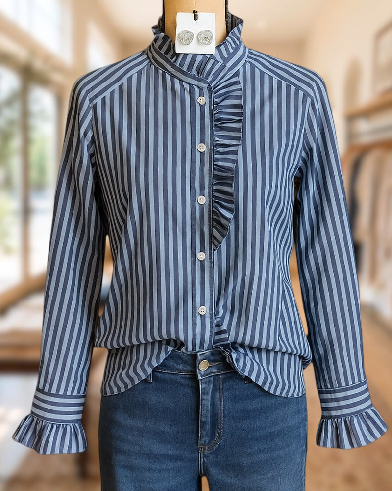 Striped Ruffles Trim Commuting Button Up Blouse