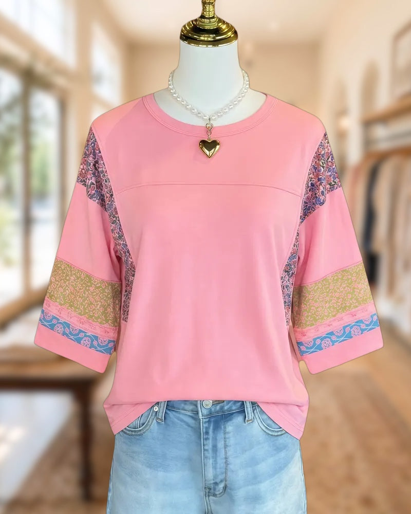 Patchwork Floral Print Round Neck On-trend Shirt