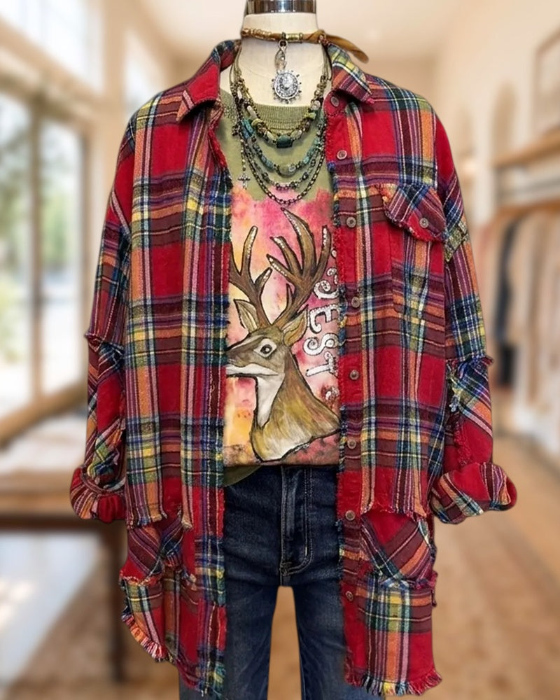 Frayed Edge Plaid Oversized Casual Collared Button Down Shirt