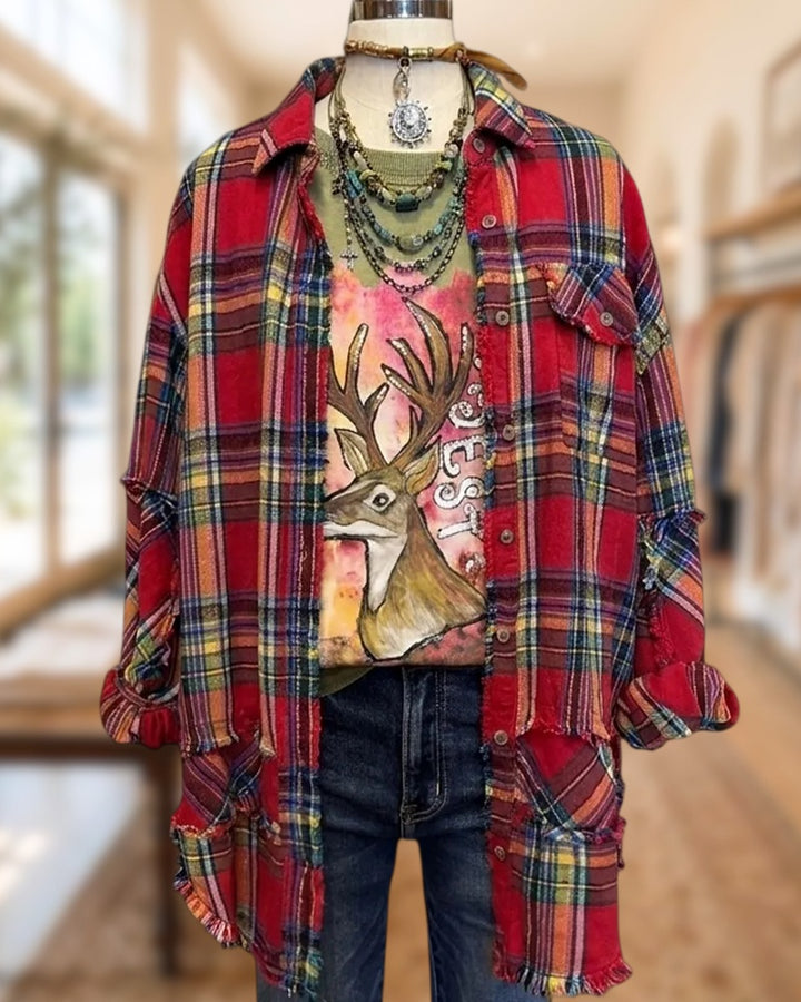 Frayed Edge Plaid Oversized Casual Collared Button Down Shirt