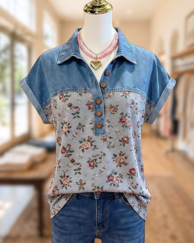 Patchwork Floral Print Cozy Shirt Collar Blouse