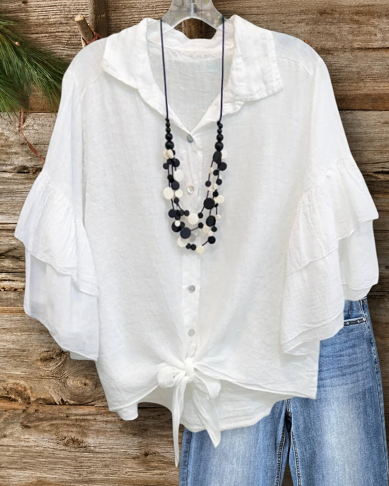 Ruffle Sleeve Collared Tie Front Button Down Blouse