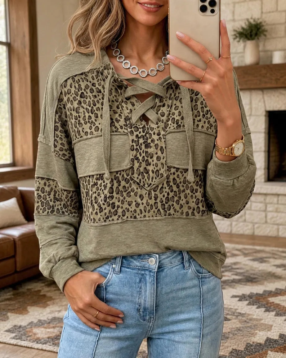 Lace Up Neck Leopard Patch Pocket Loose Casual Sweatshirt