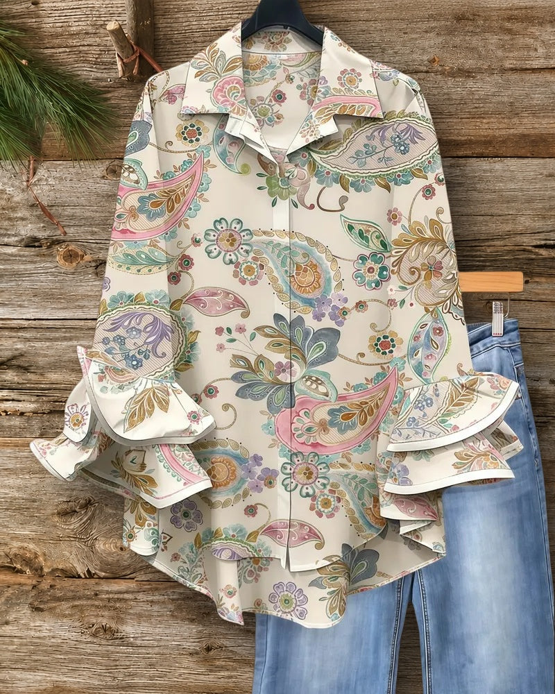 Paisley Print Ethnic Ruffle Sleeve Button Up Blouse