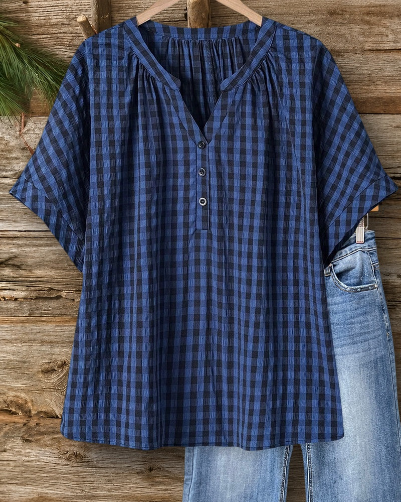 Gingham Classic V Neck Button Front Blouse