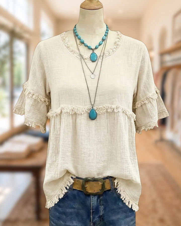 Solid Color Casual Round Neck Tassel Trim Blouse