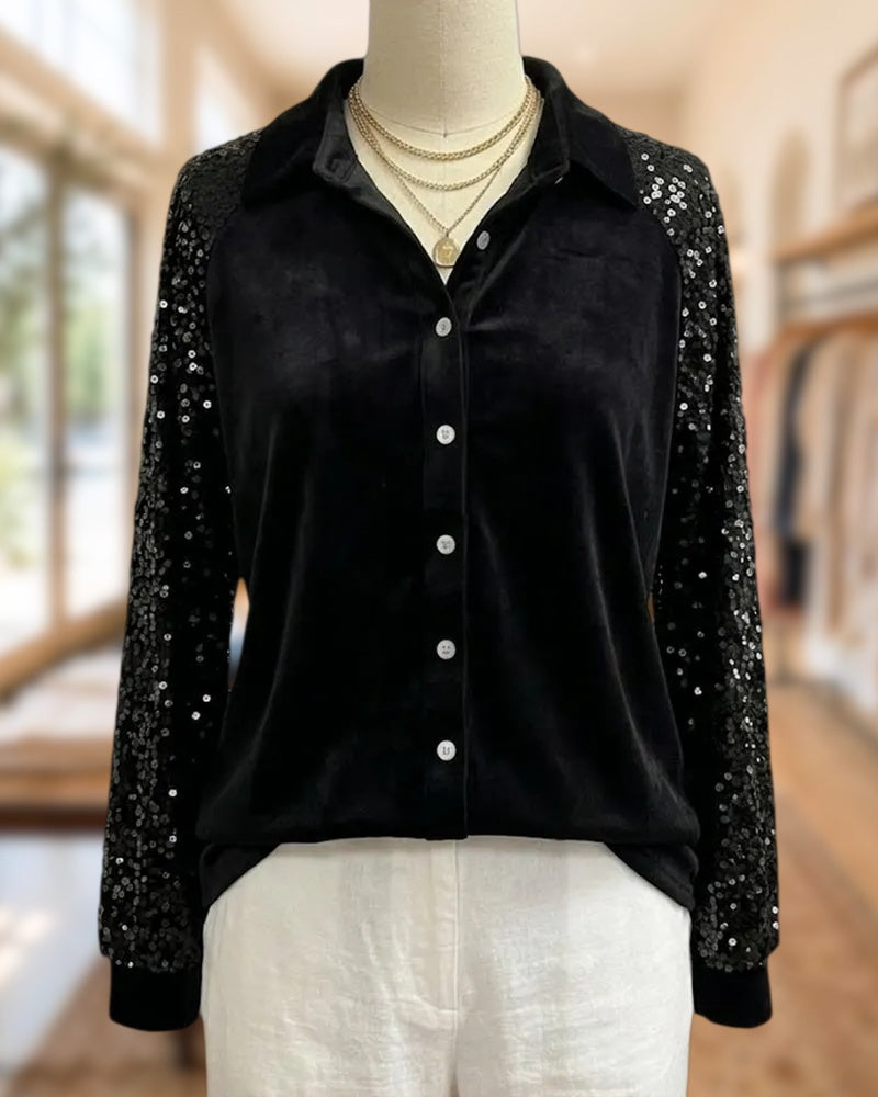 Lapel Sequin Sleeve Velvet Blouse