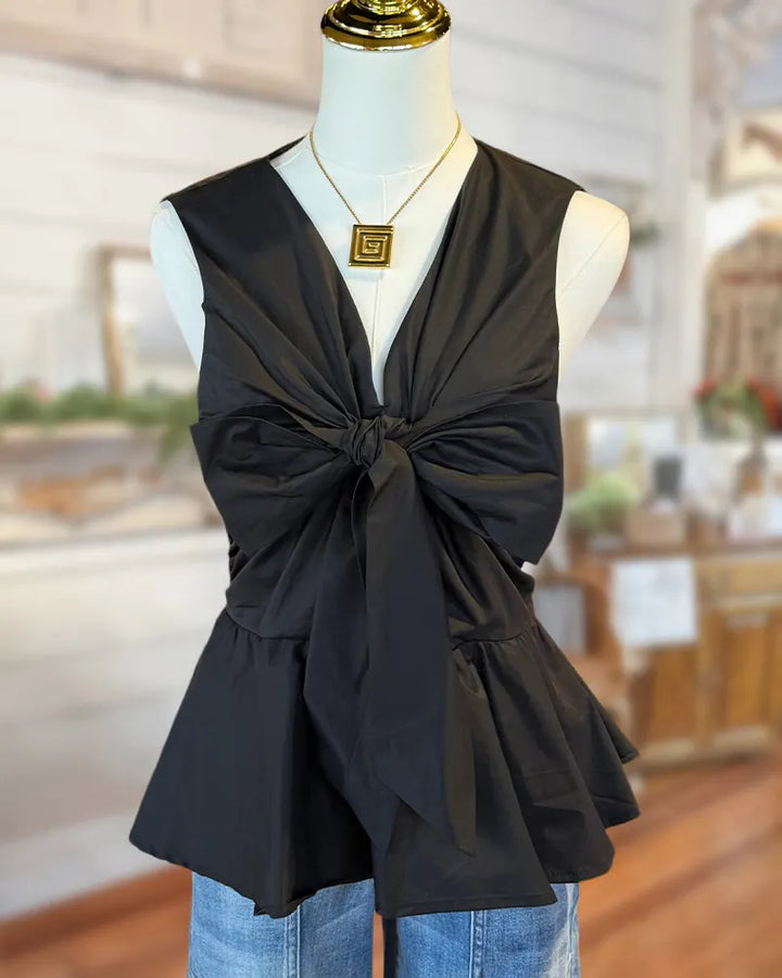 V Neck Sleeveless Bow Front Peplum Hem Blouse