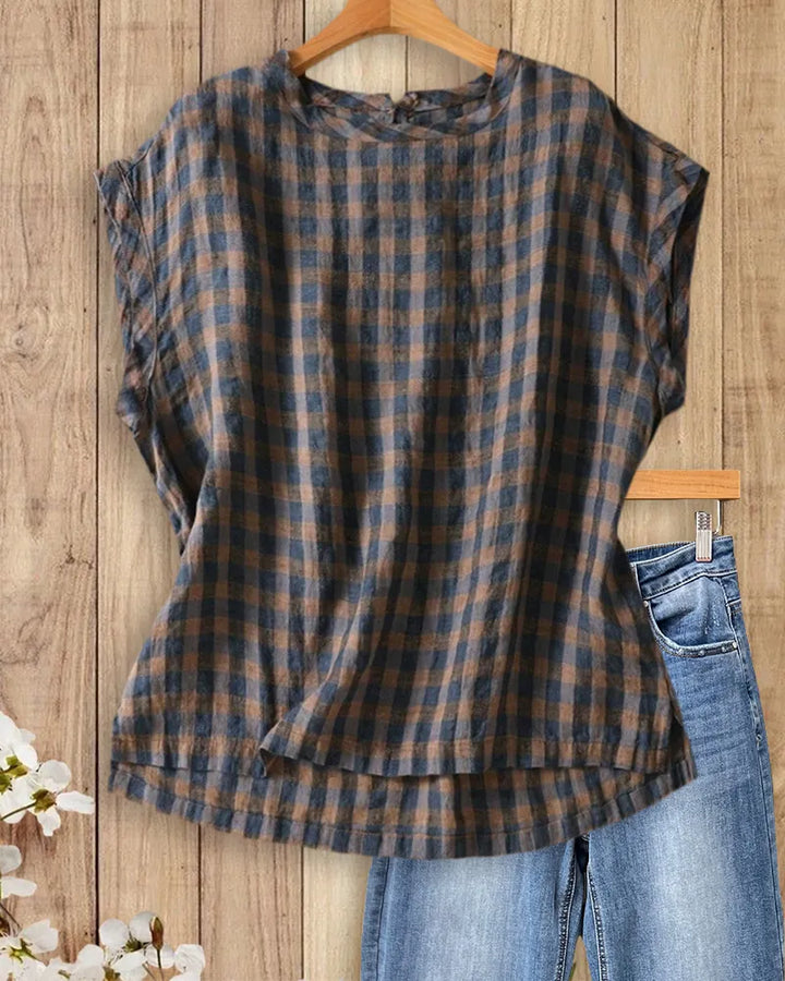 Cap Sleeve Plaid Round Neck Keyhole Back Loose Blouse