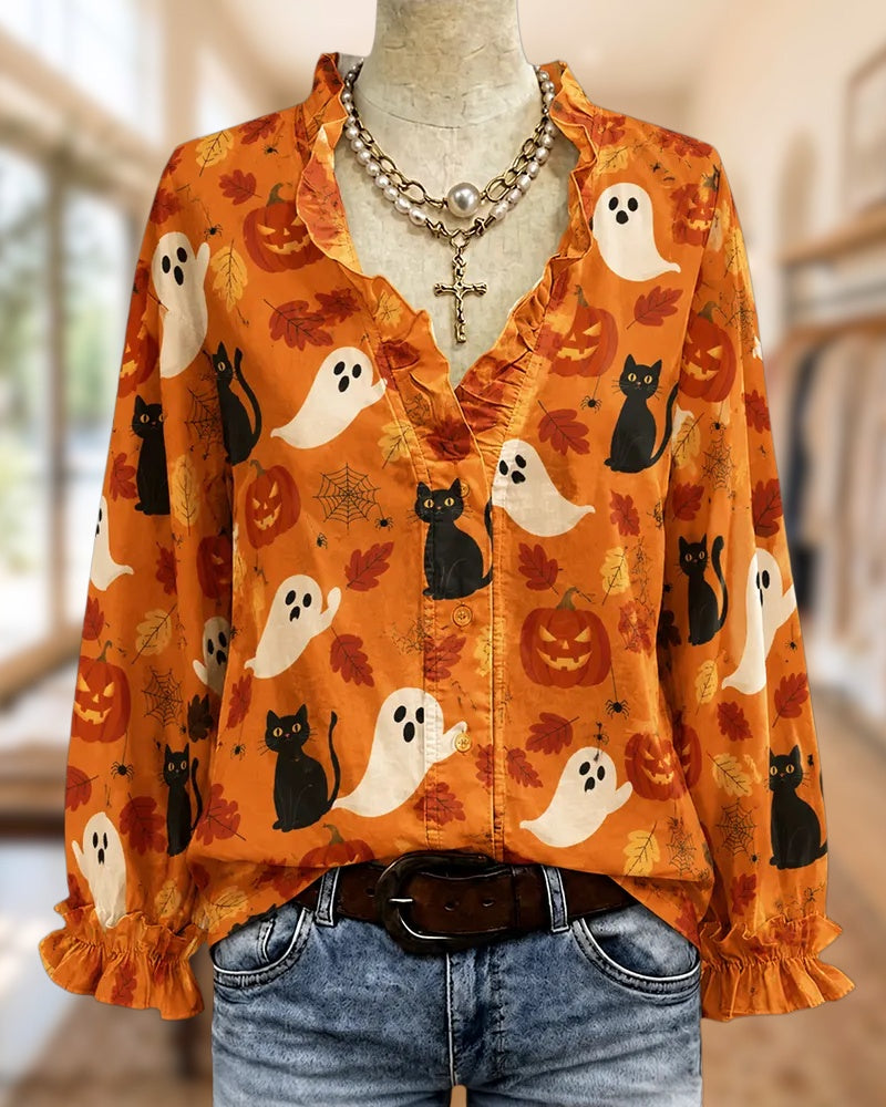 Halloween Cartoon Print Ruffled V Neck Long Sleeve Blouse