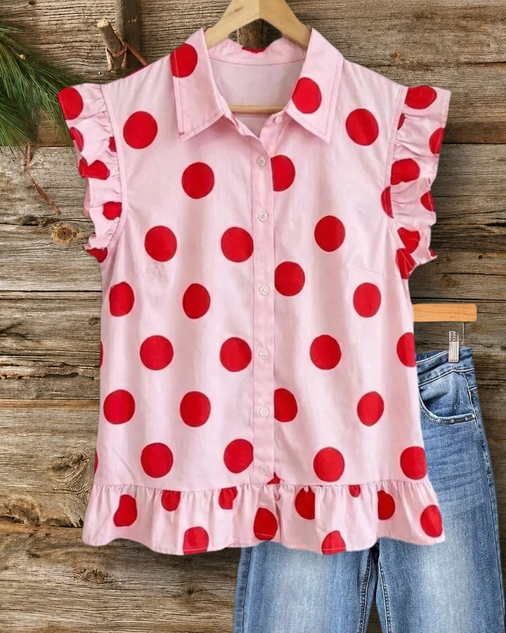 Polka Dot Collared Ruffled Trim Button Front Casual Blouse