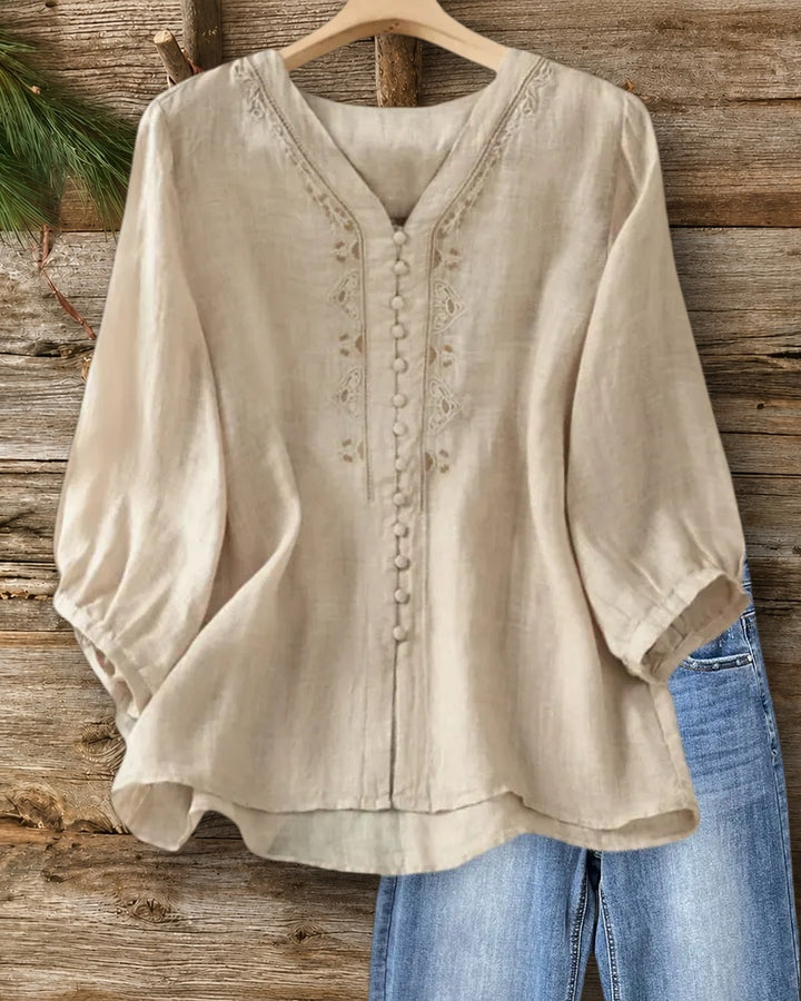 V Neck Embroidered Button Front 3/4 Sleeve Loose Blouse