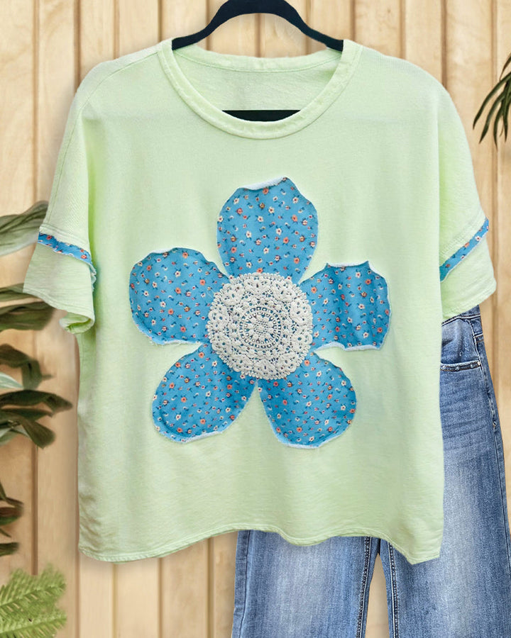 Floral Applique Casual Round Neck Shirt