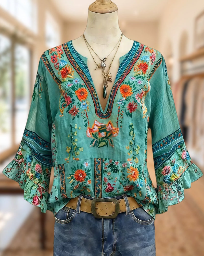 Floral Print Boho Ruffle Sleeve V Neck Blouse