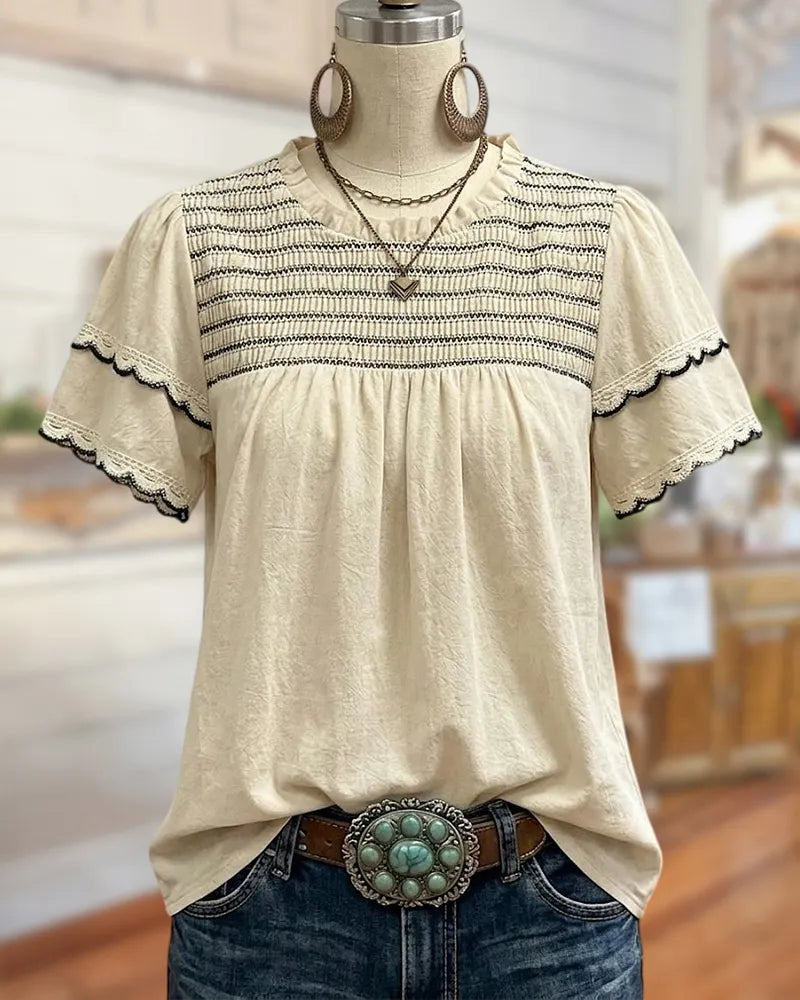Crew Neck Ruffle Sleeve Blouse