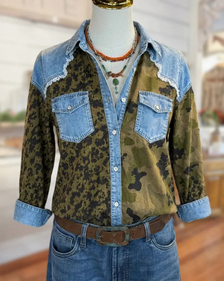 Contrast Denim Panel Frayed Trim Chest Pocket Button Down Shirt