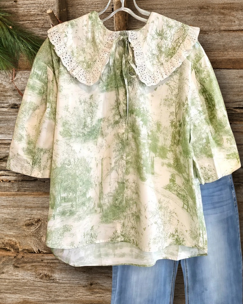 Natural Print Doll Collar Tie Front Laid Back Blouse