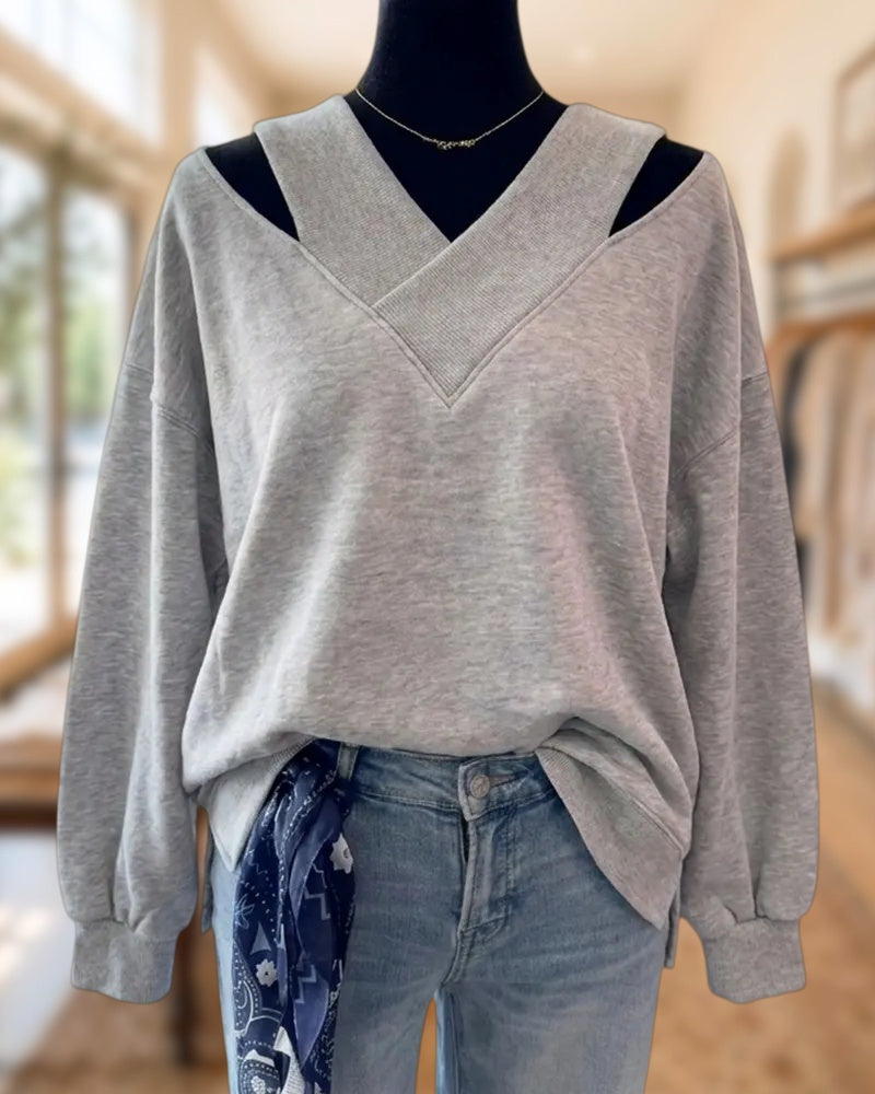 Cutout Shoulder V Neck Solid Color Long Sleeve Sweatshirt