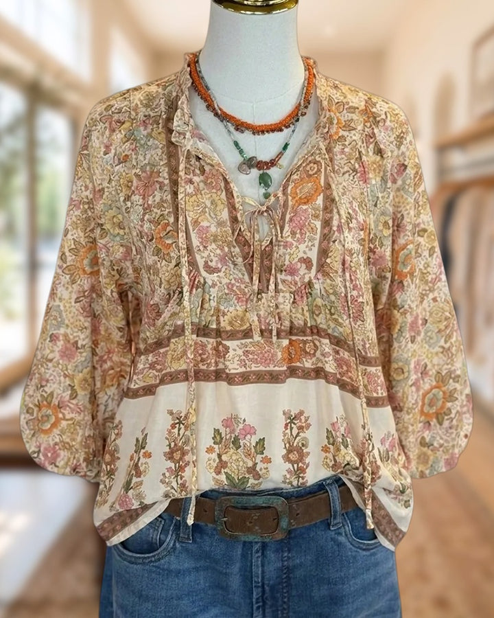 Floral Print Tie Neck Puff Sleeve Loose Casual Blouse