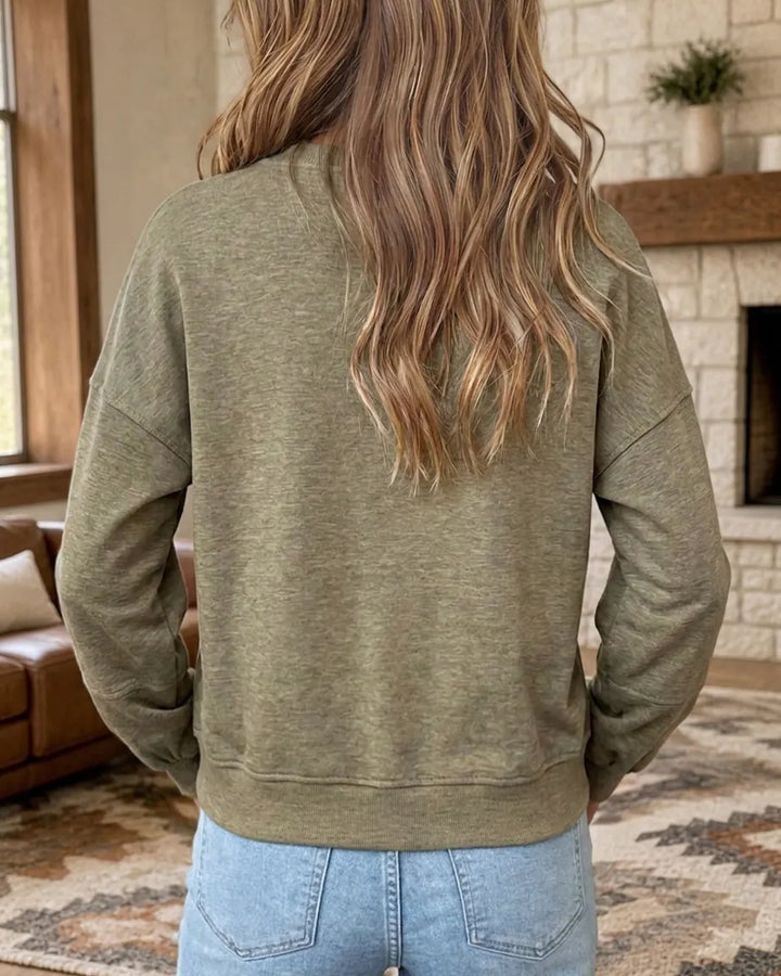 Lace Up Neck Leopard Patch Pocket Loose Casual Sweatshirt
