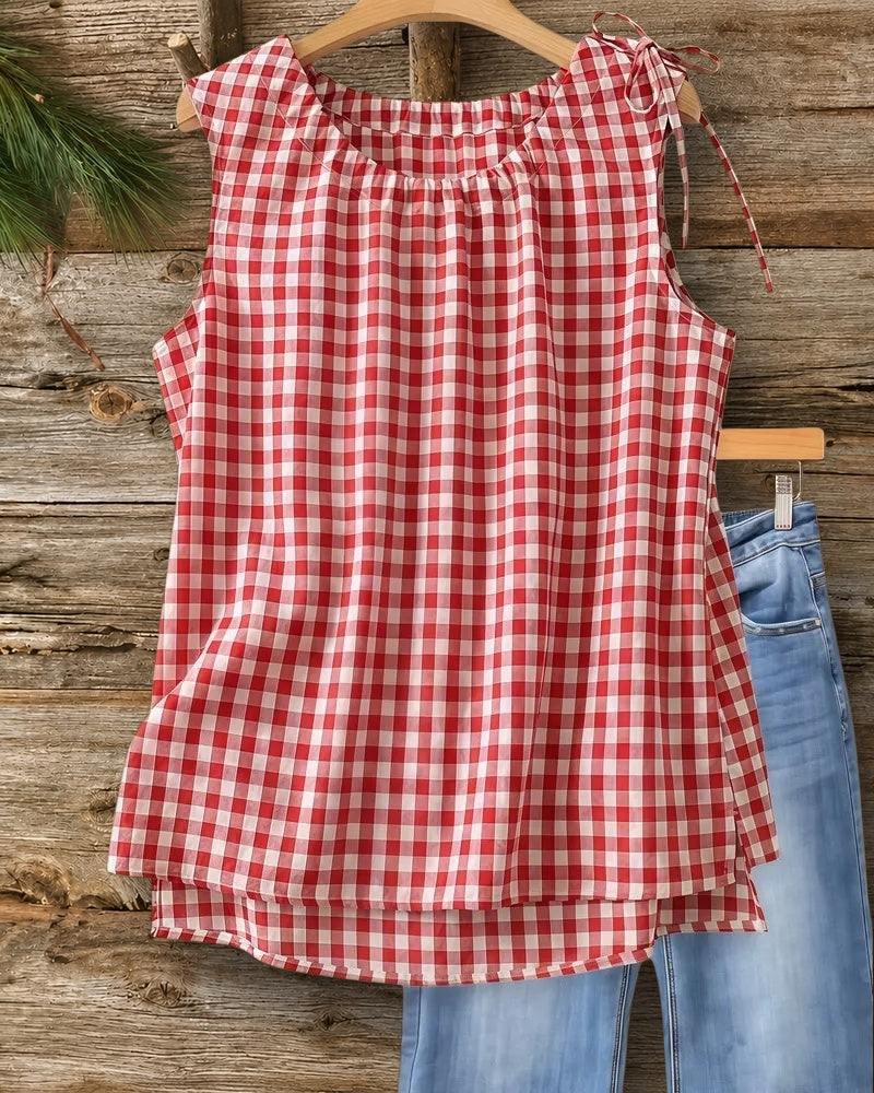 Gingham Tie Detail Sleeveless Round Neck Tank Top
