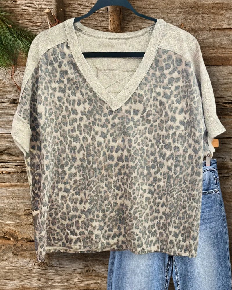 V Neck Leopard Print Short Sleeve Casual T-shirt