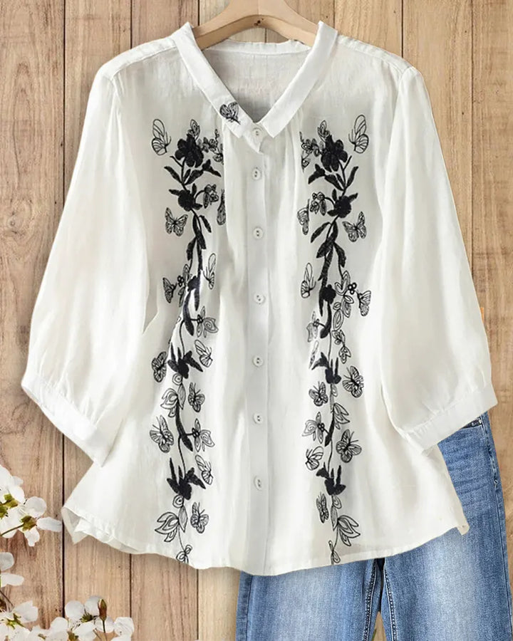 Embroidered Button Up Collared 3/4 Sleeve Loose Casual Blouse