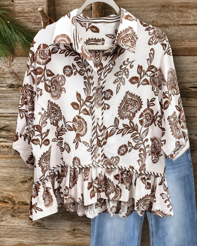 Floral Print Playful Ruffled Button Up Blouse
