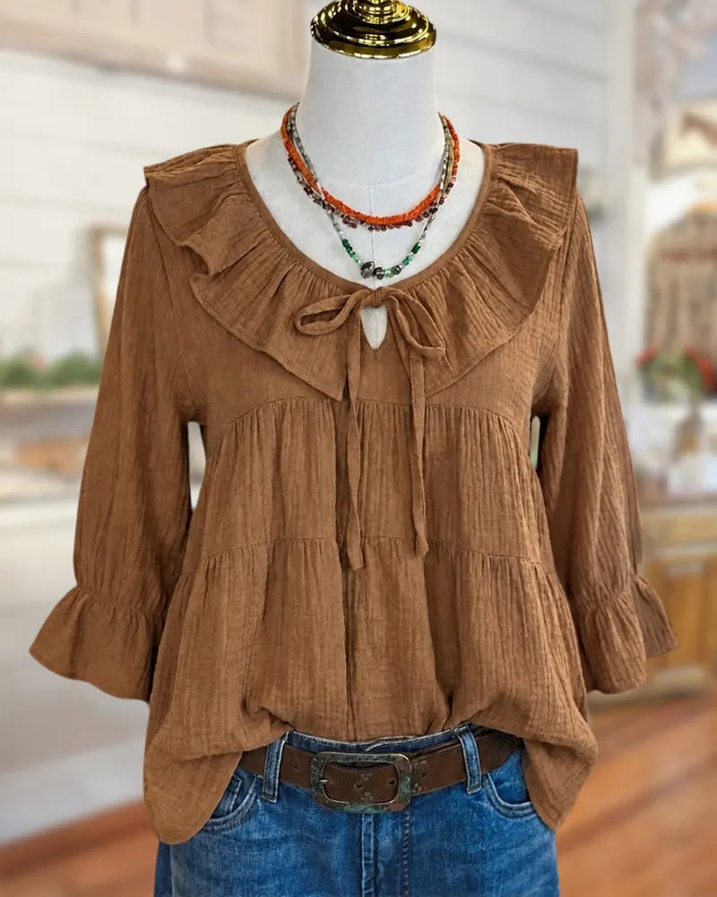 Ruffled Tie Neck Tiered Flare Cuff Soft Casual Blouse