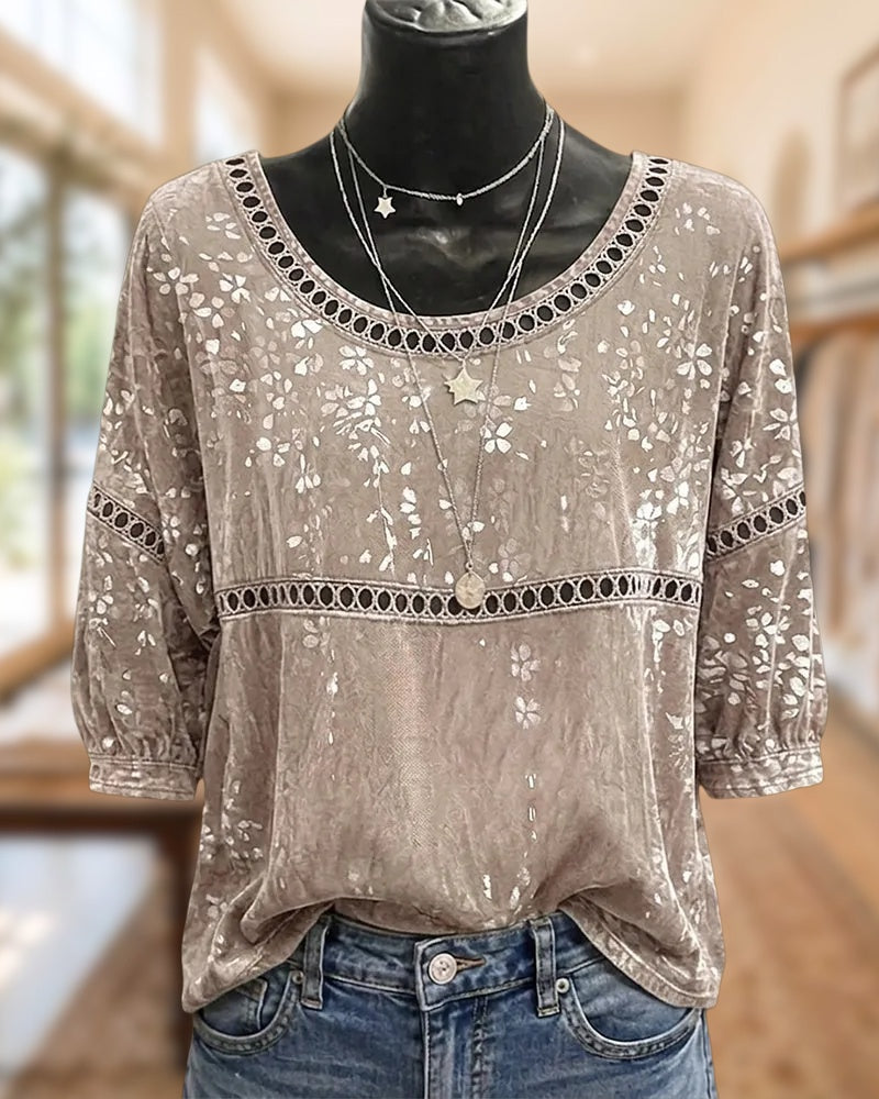 Floral Print Lace Trim 3/4 Sleeve Casual Loose Blouse