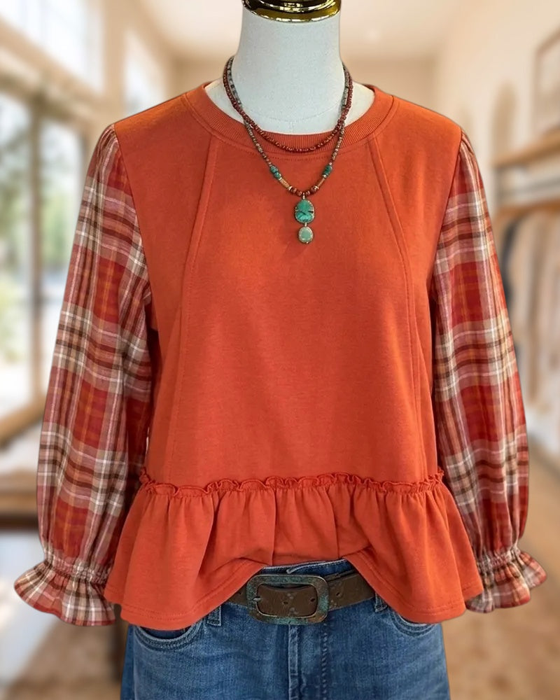 Plaid Contrast Sleeve Ruffled Peplum Crew Neck Casual Blouse