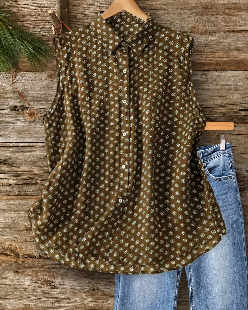 Collared Sleeveless Ditsy Floral Button Front Blouse